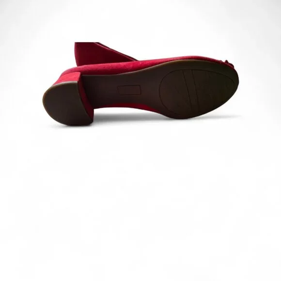 NWOB Anne Klein Red Suede Cocktail Heels - Gold Metallic Trim & Pom-Pom - Picture 5 of 5